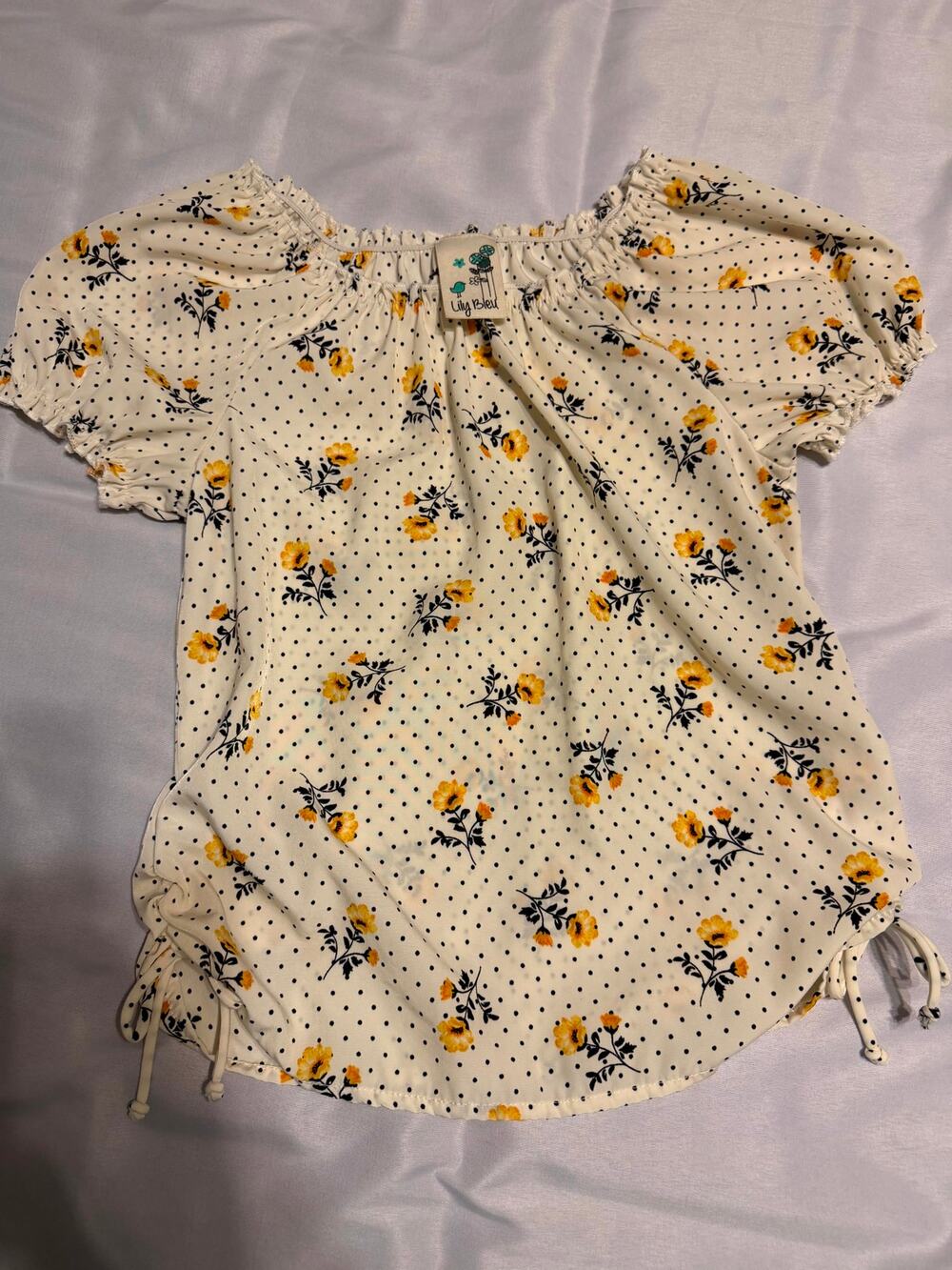 Lily Bleu Girls Floral Polka Dot Blouse Size 10/12 Ivory Yellow Ruched Tie Sides